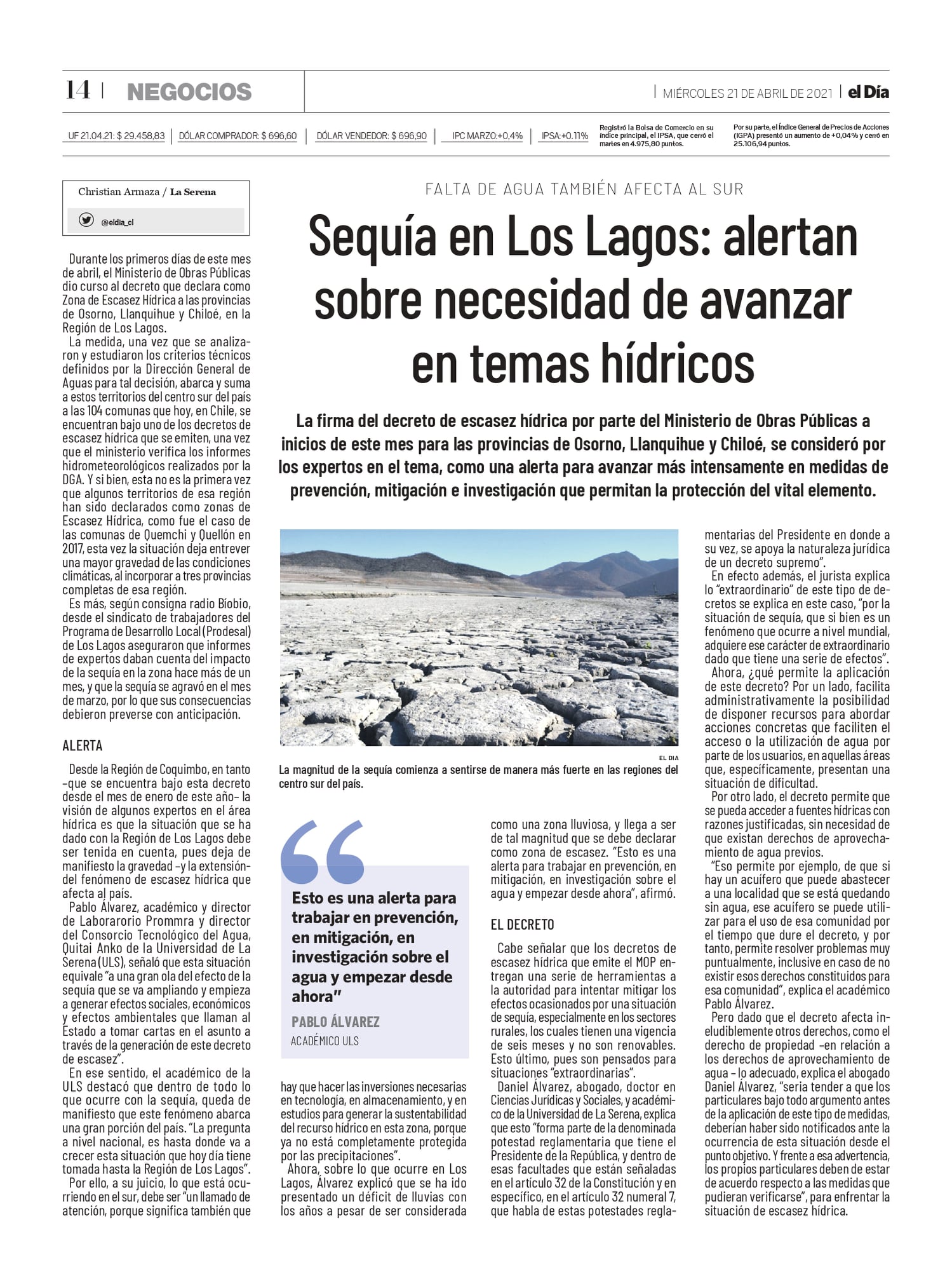 [El Día] Firma de Decreto de Escasez Hídrica en provincias del sur de Chile
