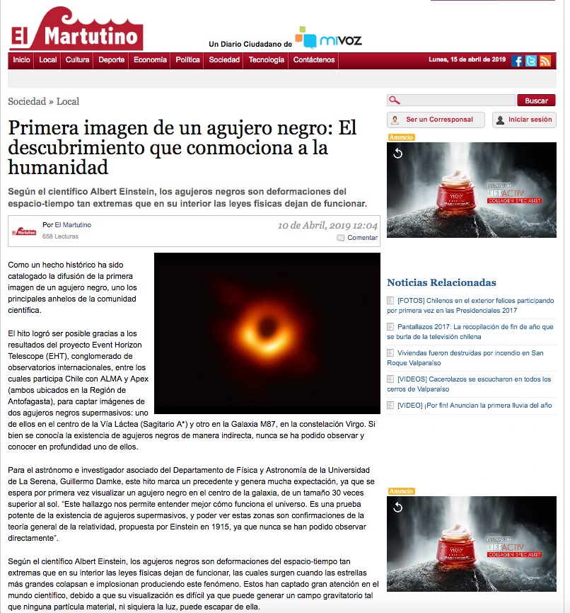 Primera imagen de un agujero negro: Astrónomos ULS salieron a comentar el hallazgo en prensa nacional y regional