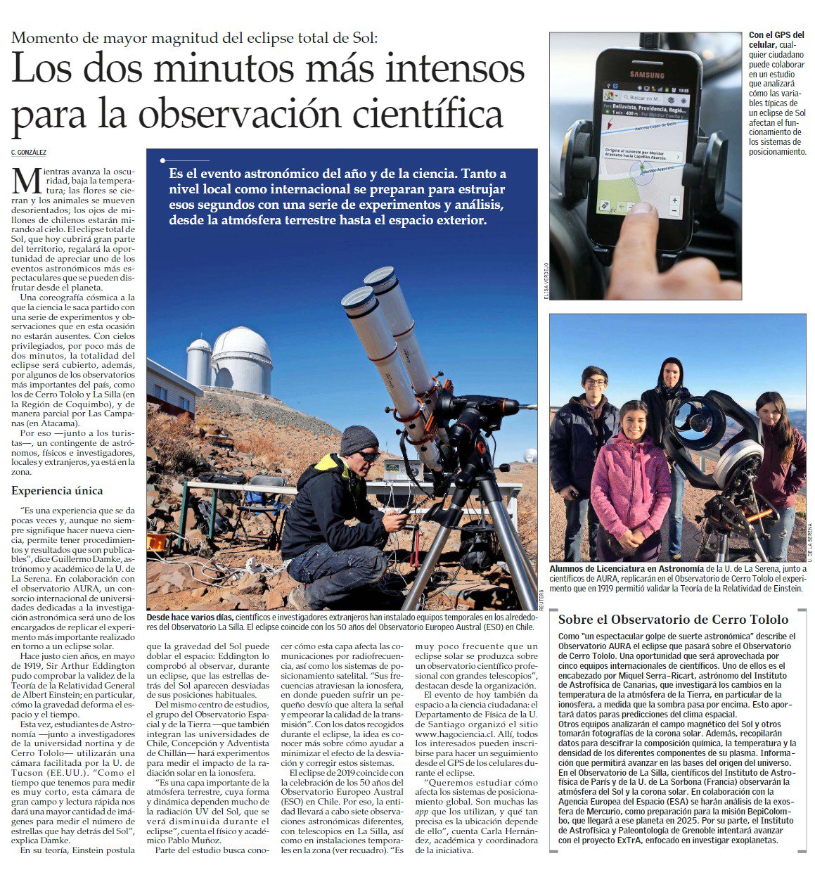 Diario El Mercurio destaca dos experimentos ULS durante el #Eclipse2019
