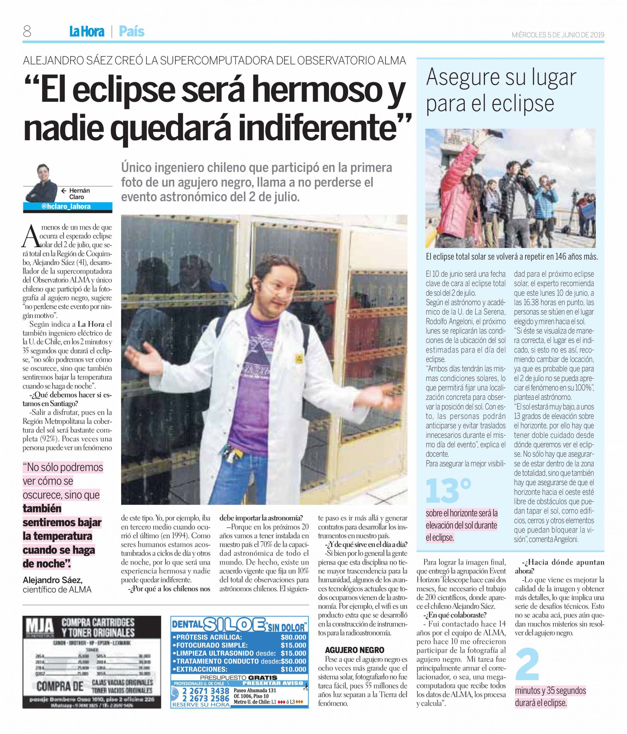 [Diario La Hora] Astrónomo ULS comenta cómo se verá el Eclipse2019 en Santiago