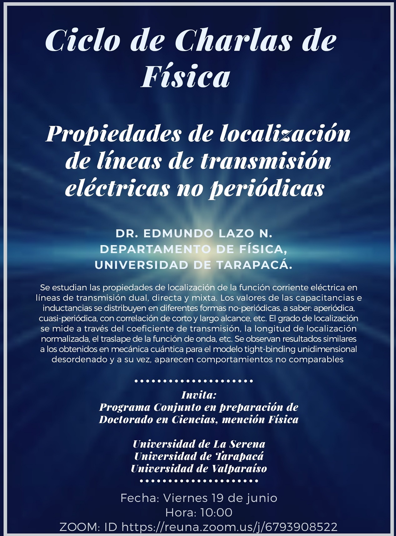 [Viernes 10 am] Ciclo de Charlas en Física – Charla Nº2: “Propiedades de localización de líneas de transmisión eléctricas no-periódicas”
