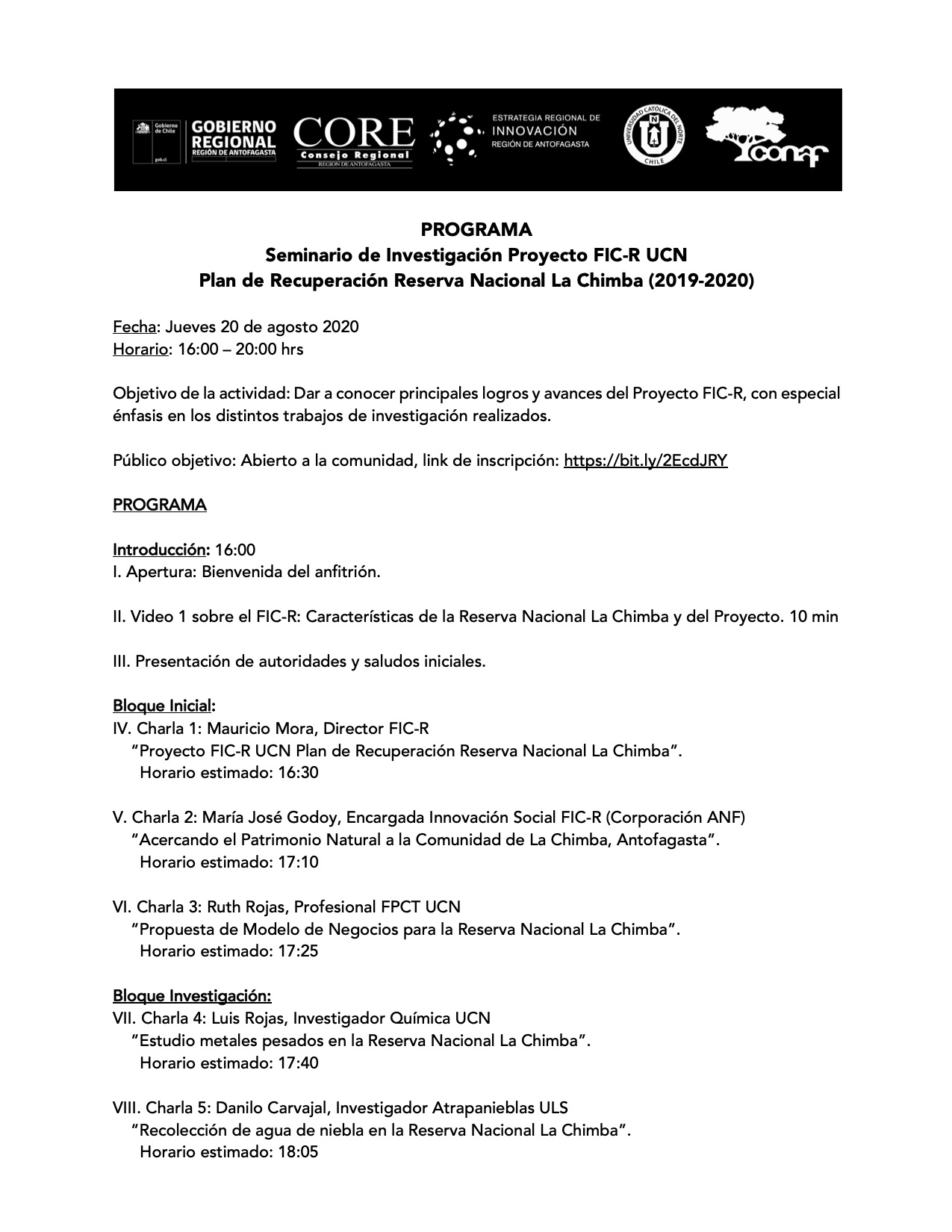 [Jueves 4PM] Seminario de Investigación Proyecto FIC-R UCN Plan de Recuperación RN La Chimba