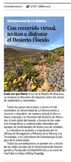 Iniciativa ULS de recorrido virtual del Desierto Florido en El Mercurio y Diario de Atacama